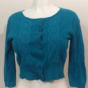 blue cropped wet seal cardigan with lace detail